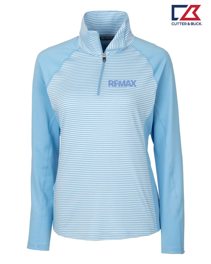 A women's light blue and white striped quarter-zip pullover top with solid light blue raglan sleeves and shoulders. The brand name 'REMAX' is printed in blue on the left chest.