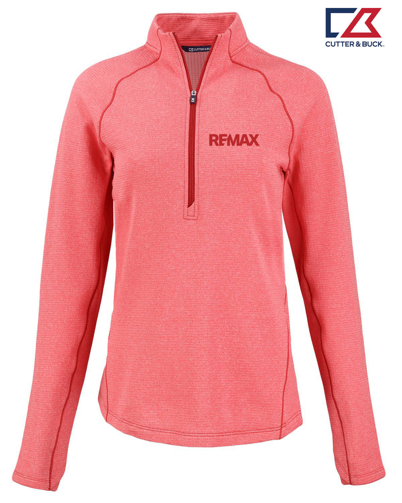 A coral pink heathered quarter-zip long-sleeve athletic pullover from Cutter & Buck, featuring the brand name 'REMAX' printed in dark red on the left chest. The image is set against a plain white background with the Cutter & Buck logo in the top right corner.