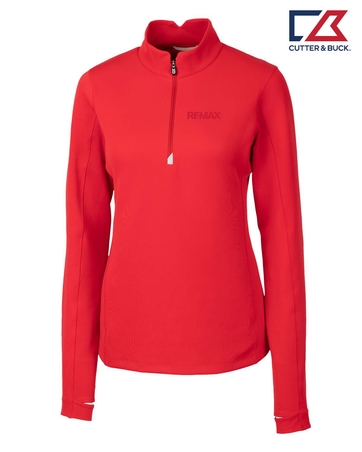 Red long-sleeve shirt with a zipper and 'REMAX' branding on a white background, featuring the Cutter & Buck logo.