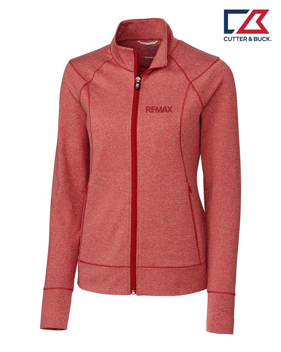 Red jacket with REMAX logo on a white background, featuring the Cutter & Buck brand.