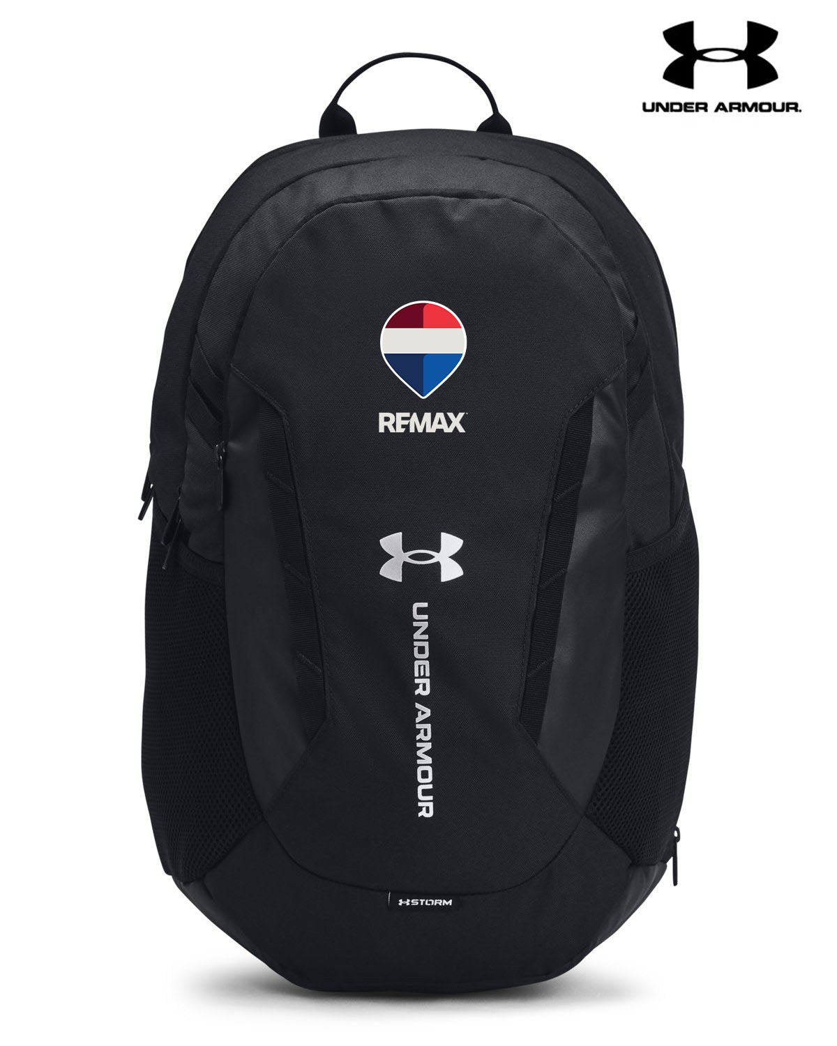 Black backpack with Under Armour and Remax logos on a white background