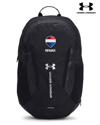 Black backpack with Under Armour and Remax logos on a white background