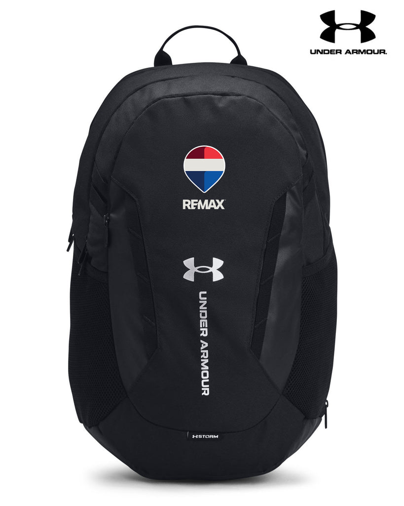 Black backpack with Under Armour and Remax logos on a white background