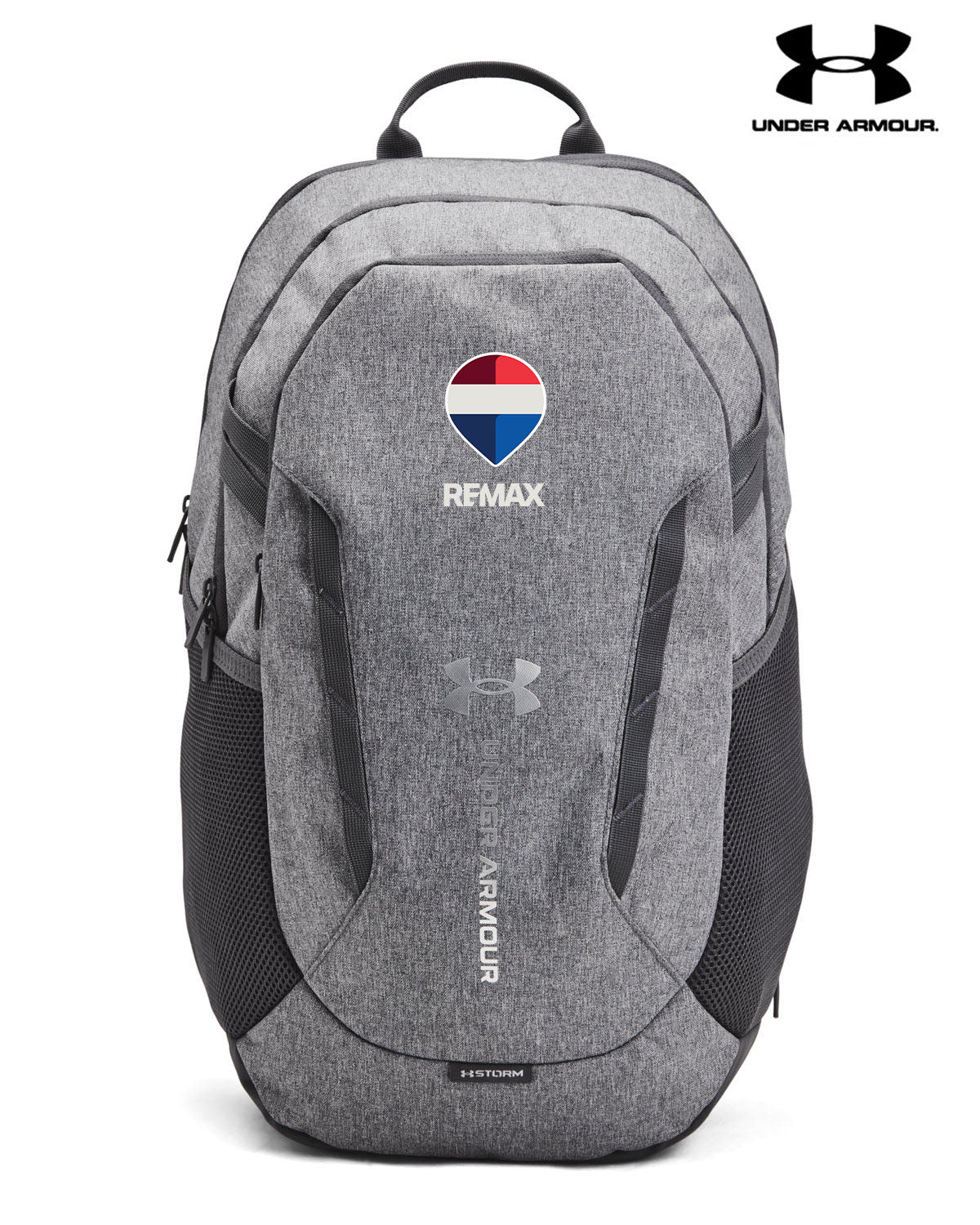 Gray backpack with Remax logo and Under Armour branding on a white background