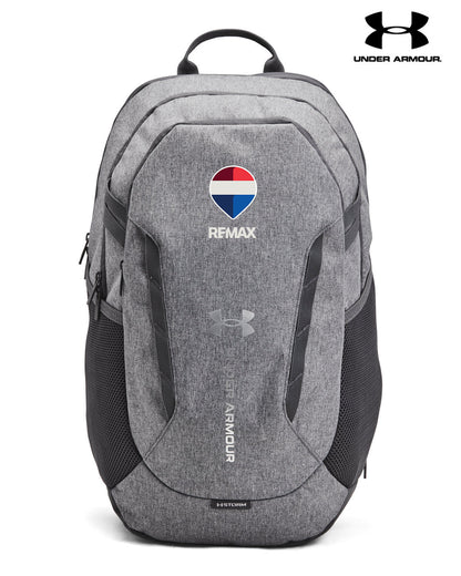 Gray backpack with Remax logo and Under Armour branding on a white background