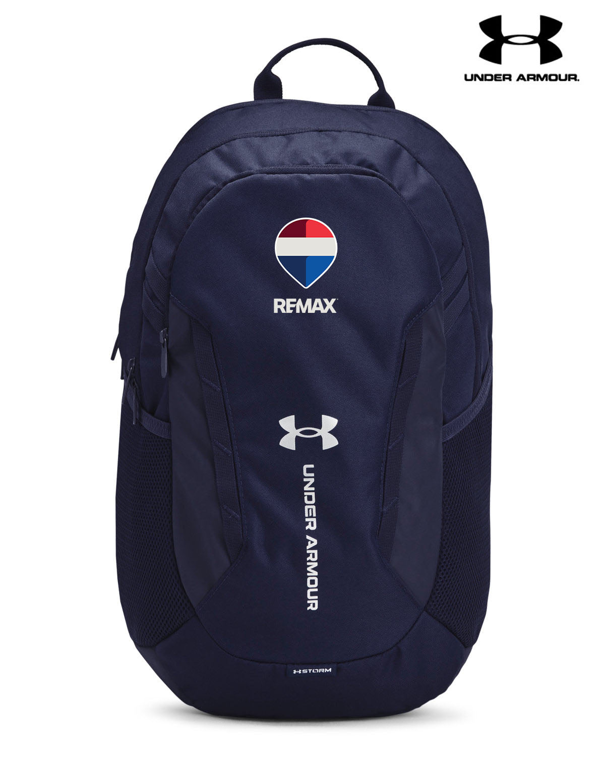 Navy blue backpack with Under Armour and Remax logos on a white background