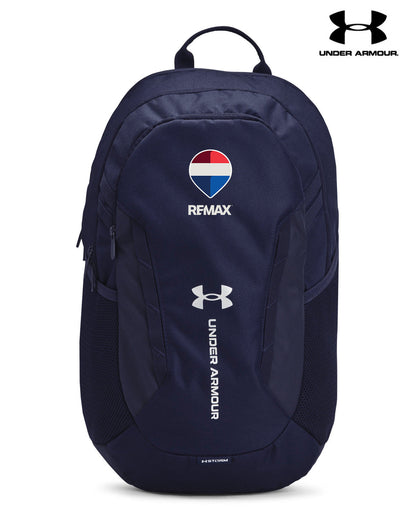 Navy blue backpack with Under Armour and Remax logos on a white background
