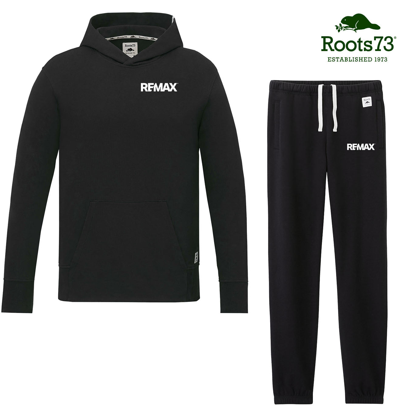 Black hoodie and pants set with Remax branding on a white background, featuring Roots73 logo.