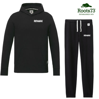 Black hoodie and pants set with Remax branding on a white background, featuring Roots73 logo.