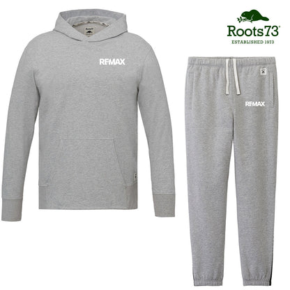 Gray hoodie and pants set with Remax branding on a white background, featuring Roots73 logo.