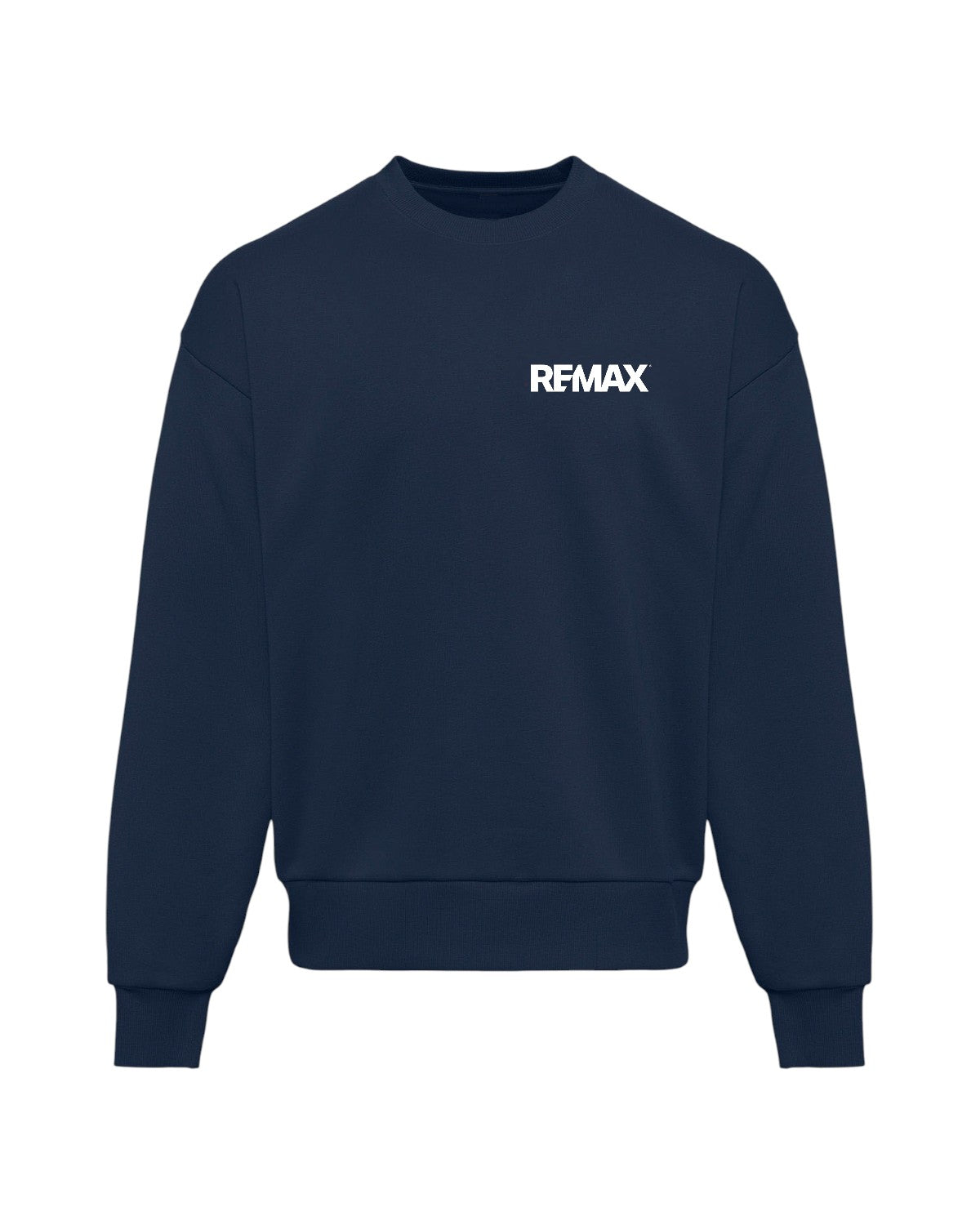 Navy blue sweatshirt with 'REMAX' logo on a white background