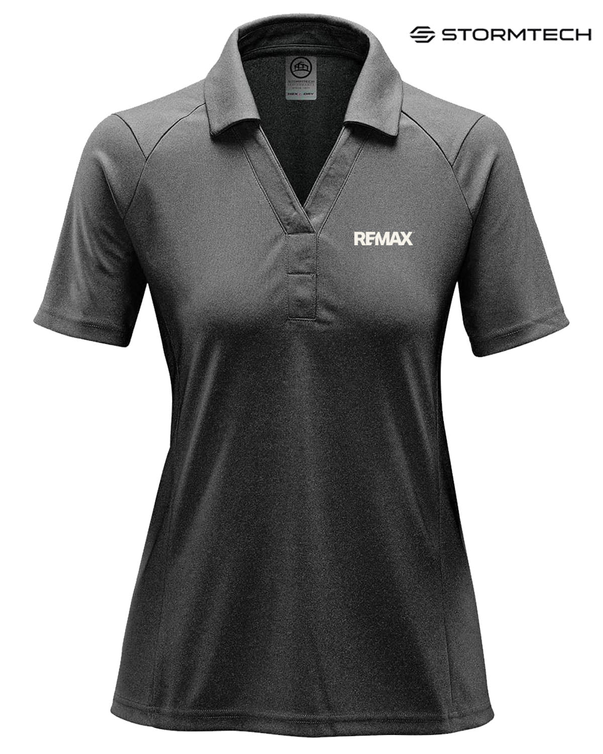 Gray polo shirt with 'REMAX' logo on a white background, featuring the Stormtech brand.
