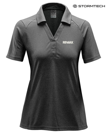 Gray polo shirt with 'REMAX' logo on a white background, featuring the Stormtech brand.