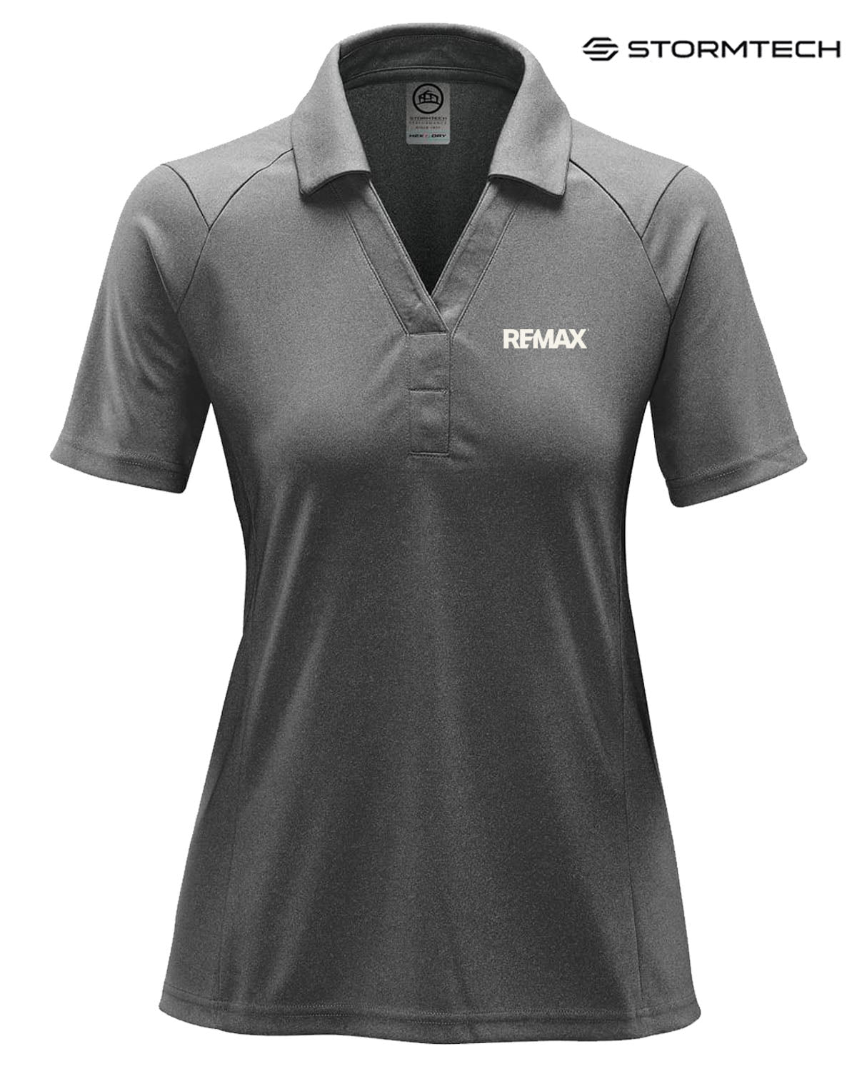 Gray polo shirt with 'REMAX' logo on a white background, featuring the Stormtech brand.
