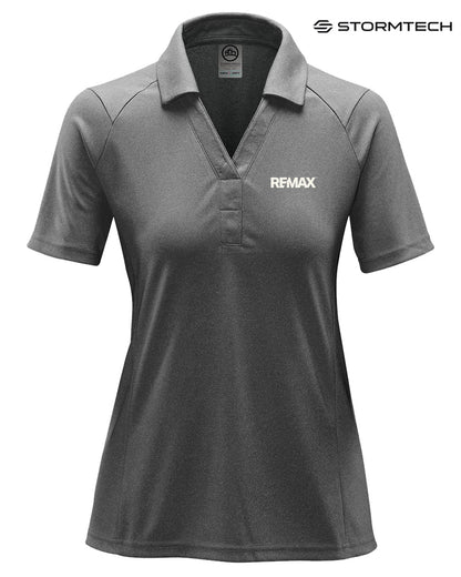 Gray polo shirt with 'REMAX' logo on a white background, featuring the Stormtech brand.