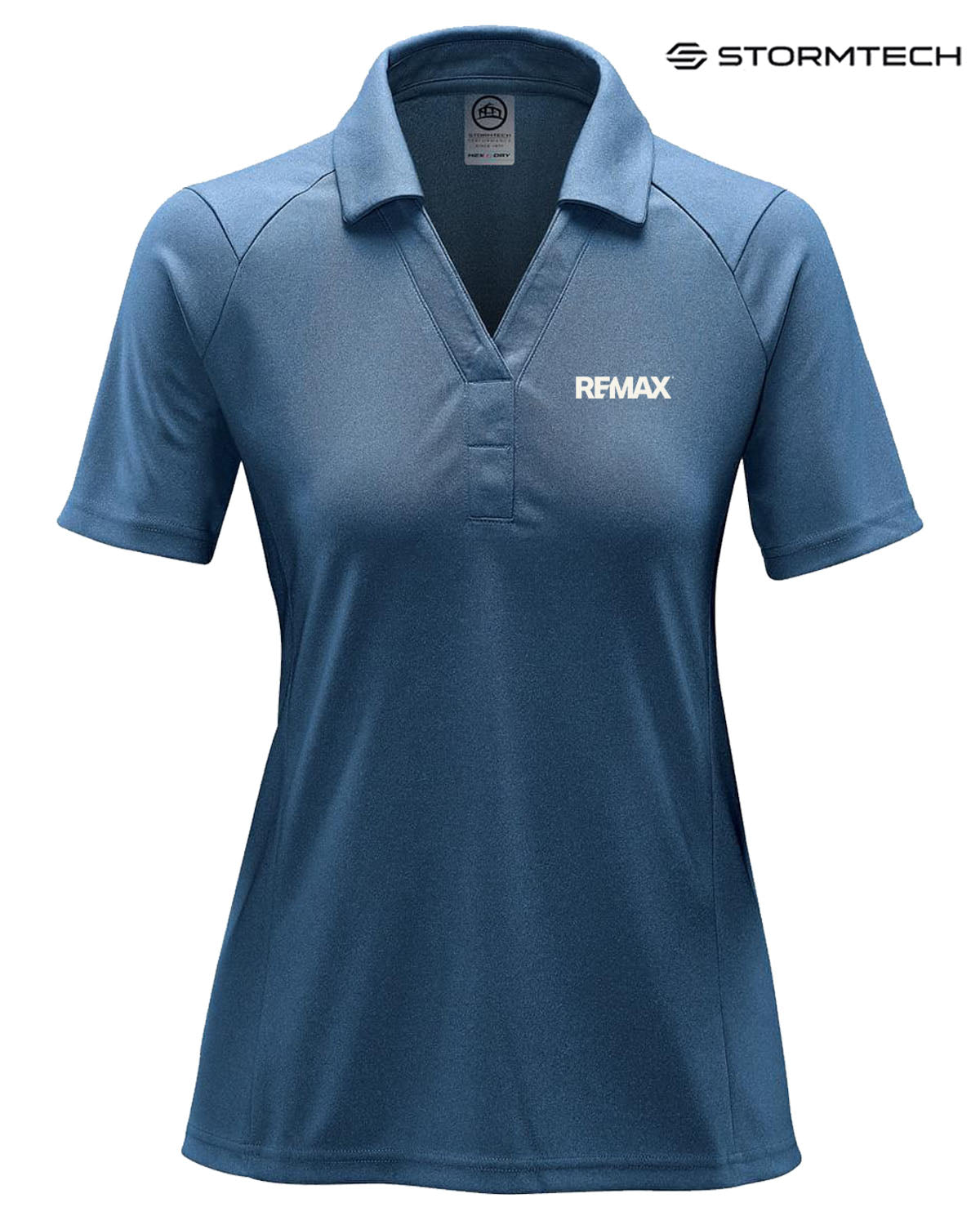 Blue polo shirt with REMAX logo on a white background, featuring Stormtech branding.