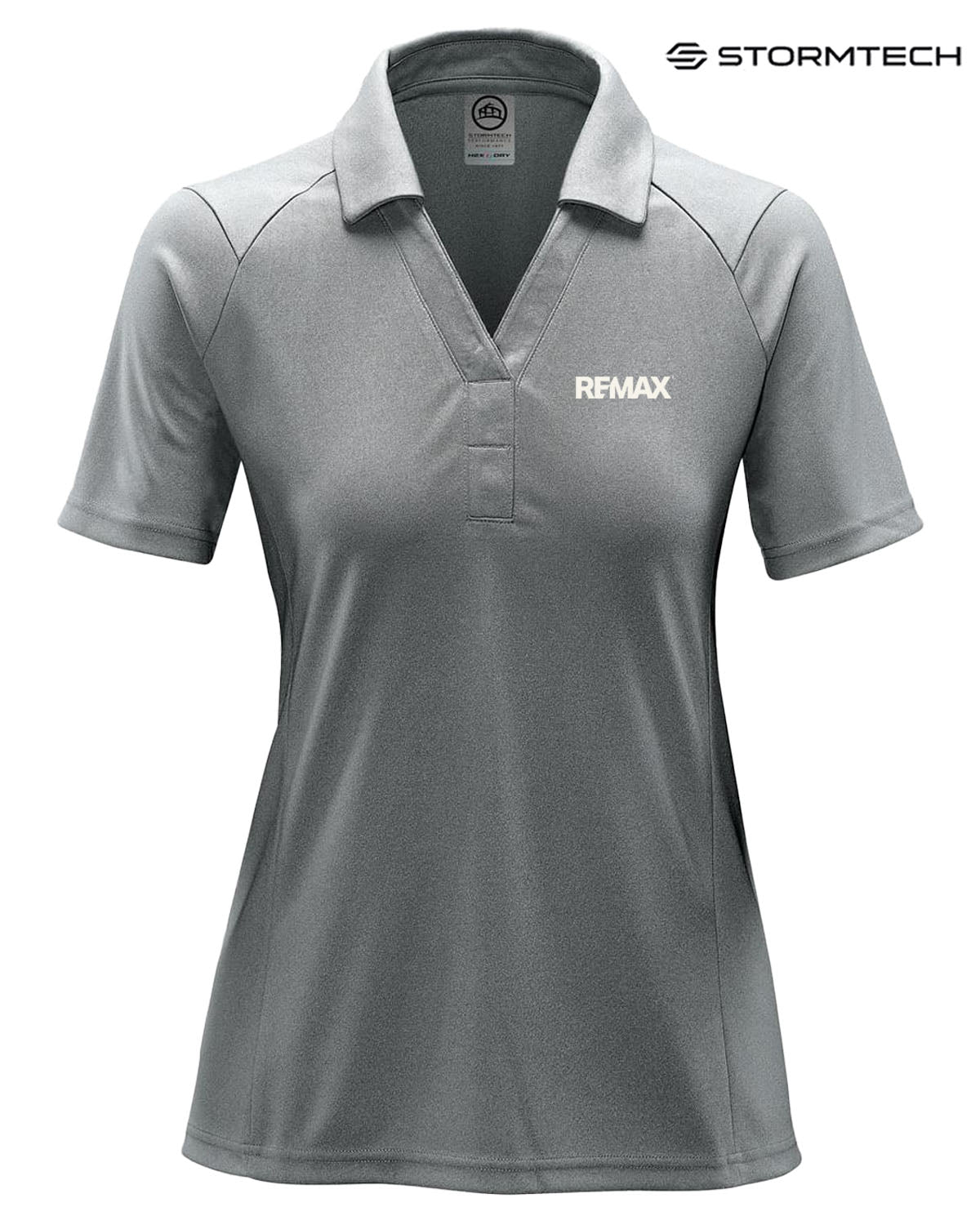 Gray polo shirt with 'REMAX' logo on a white background, featuring the Stormtech brand.