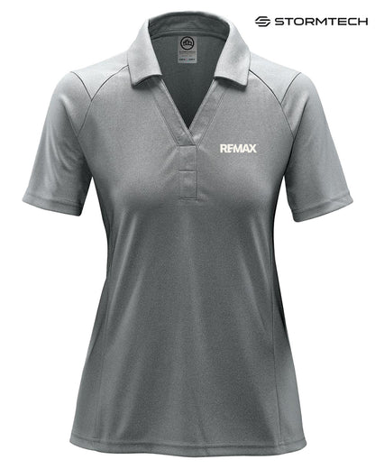 Gray polo shirt with 'REMAX' logo on a white background, featuring the Stormtech brand.