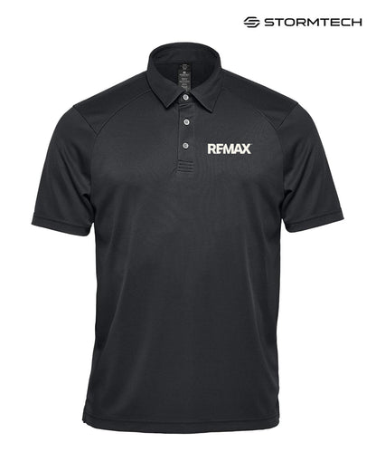 Black polo shirt with REMAX logo on a white background, featuring Stormtech branding.