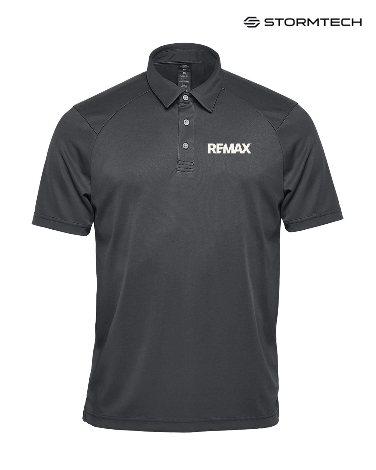 Black polo shirt with REMAX logo on a white background