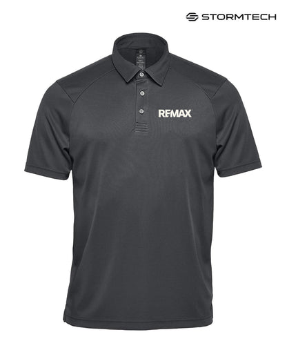 Black polo shirt with REMAX logo on a white background