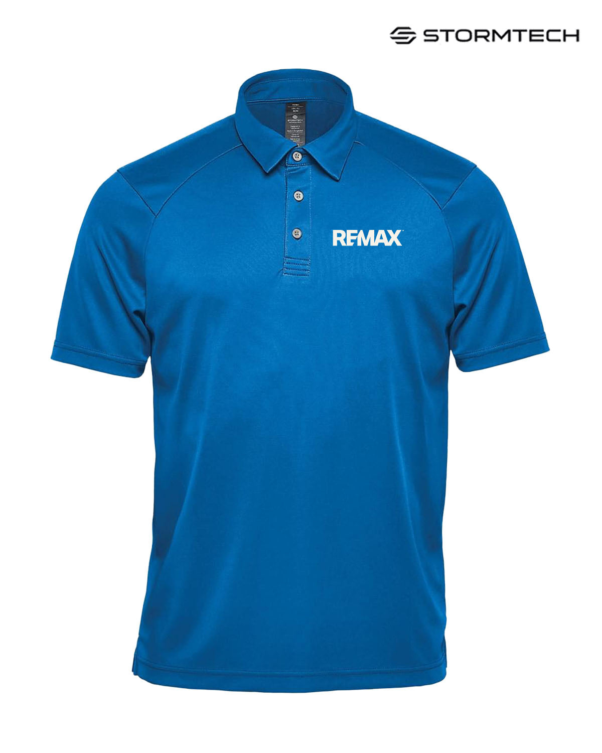 Blue polo shirt with REMAX logo on a white background, featuring Stormtech branding.