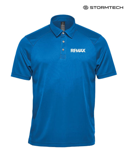 Blue polo shirt with REMAX logo on a white background, featuring Stormtech branding.
