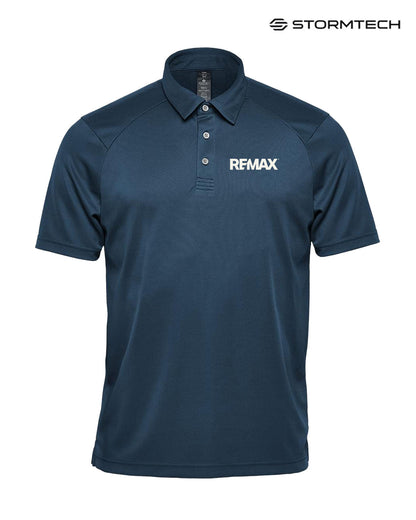 Navy blue polo shirt with REMAX logo on a white background, featuring Stormtech branding.