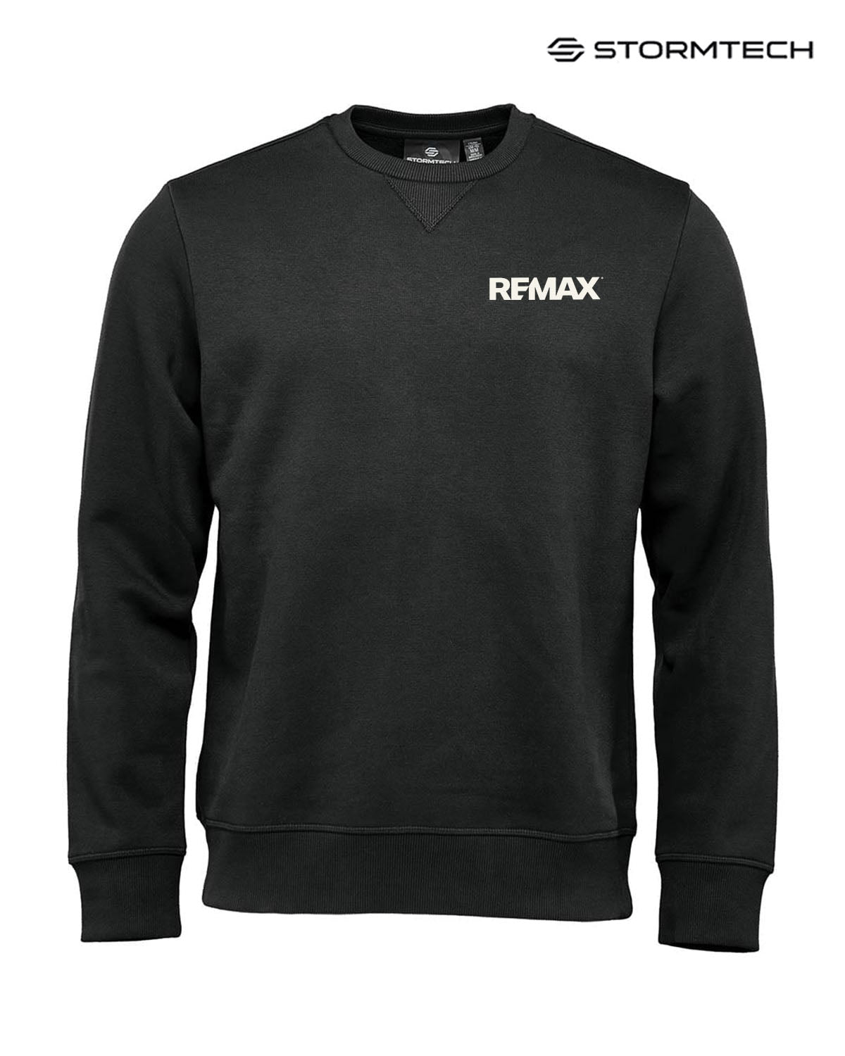 Black sweatshirt with 'REMAX' logo on a white background, featuring the Stormtech brand.