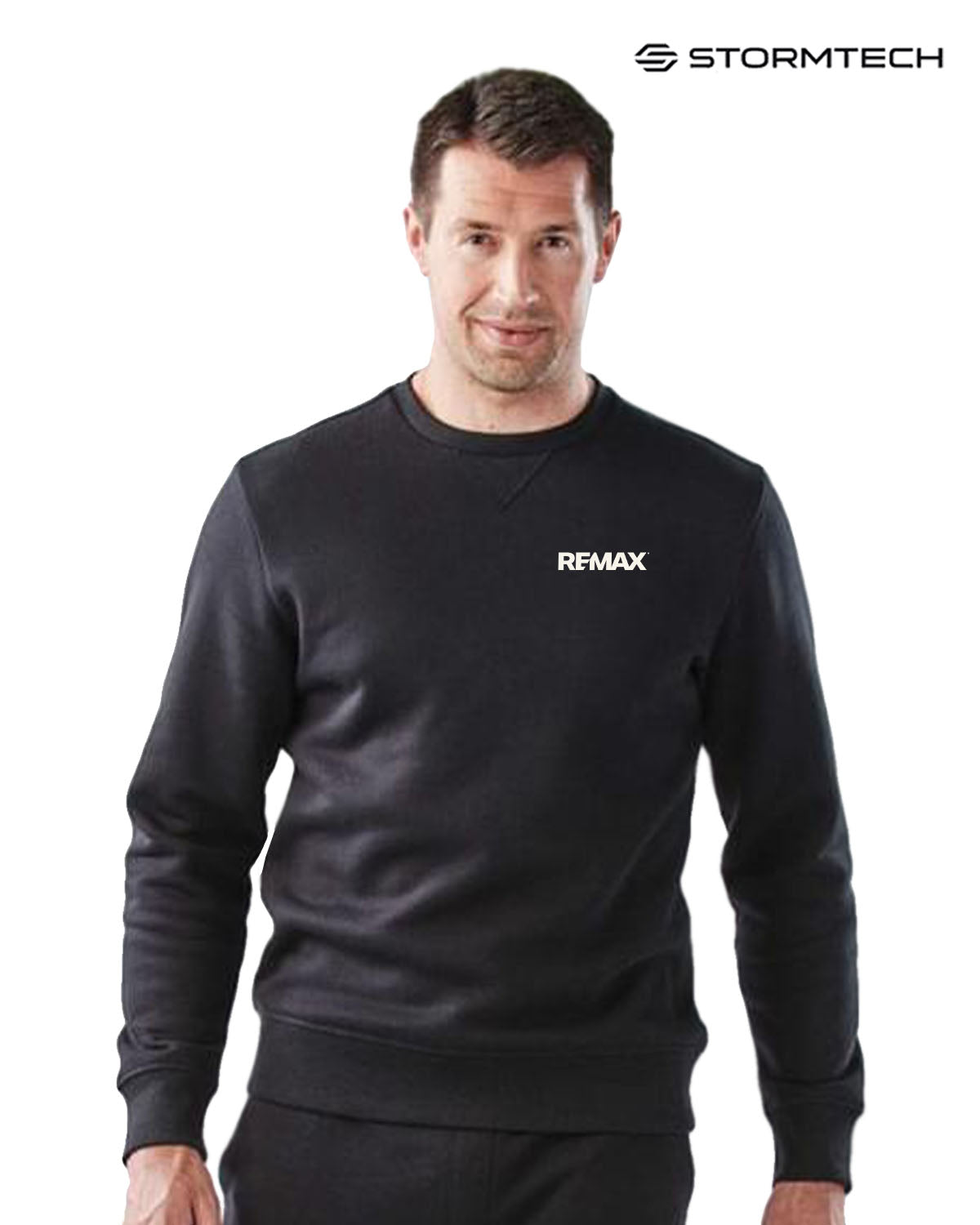 Man wearing a black sweatshirt with 'REMAX' logo on a white background, featuring the Stormtech brand.