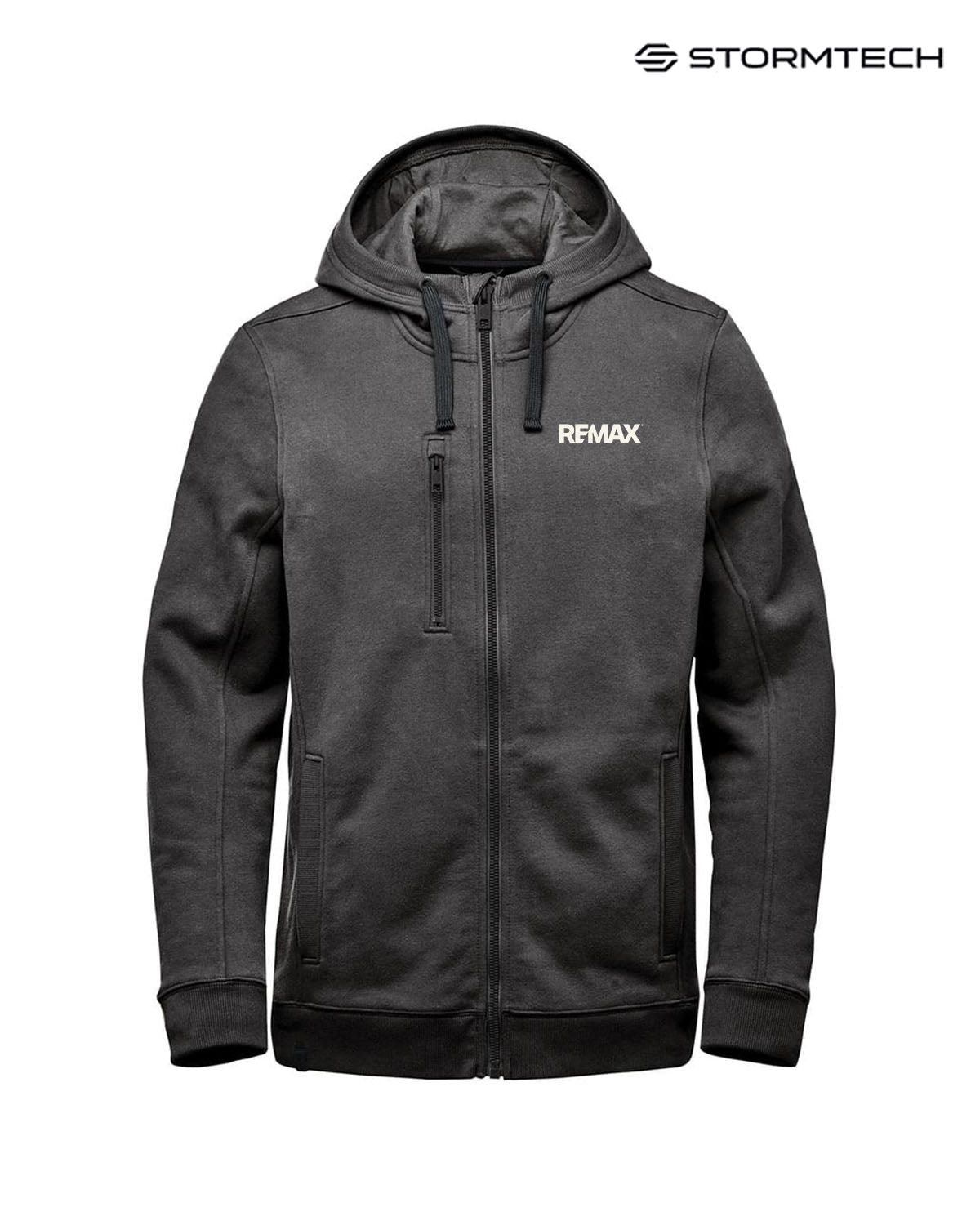 Dark gray hoodie with 'REMAX' logo on a white background, featuring the Stormtech brand.
