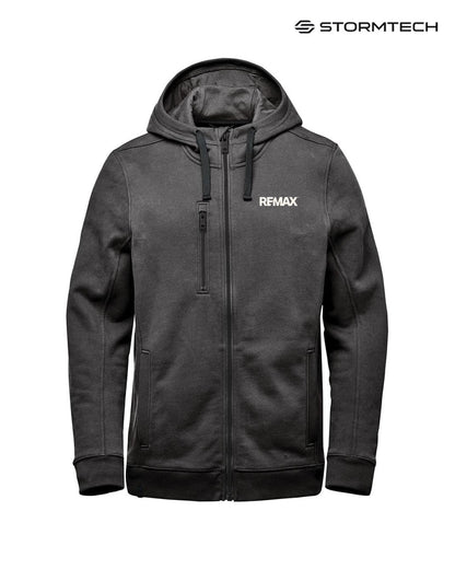 Dark gray hoodie with 'REMAX' logo on a white background, featuring the Stormtech brand.