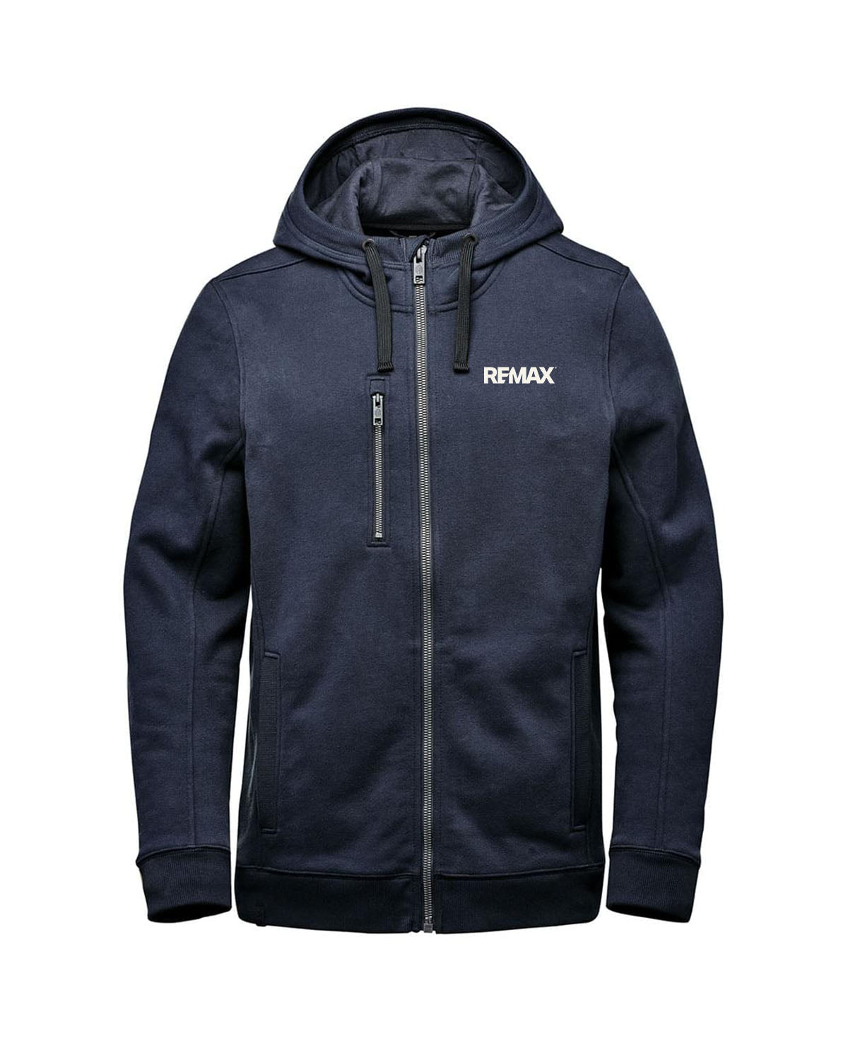 Navy hoodie with 'REMAX' logo on a white background
