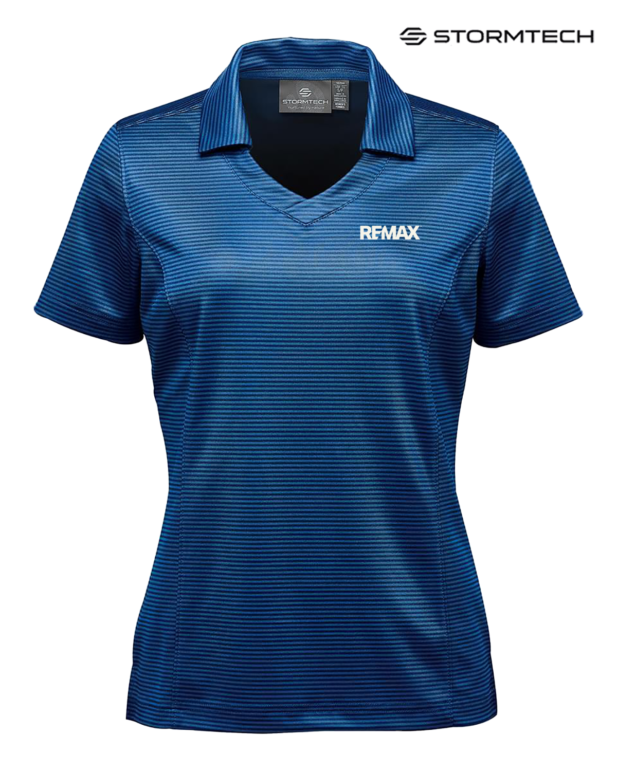 Blue striped polo shirt with Remax logo on a white background, featuring Stormtech branding.