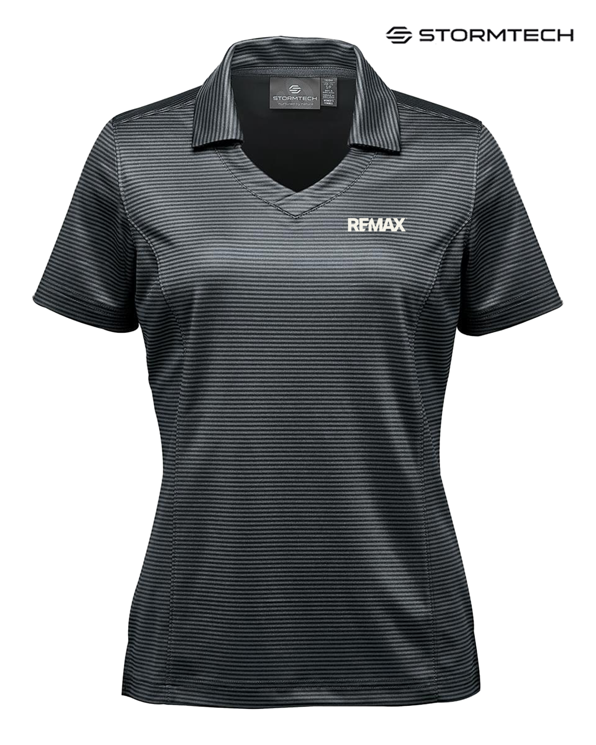 Black striped polo shirt with REMAX logo on a white background, featuring Stormtech branding.