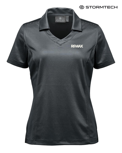 Black striped polo shirt with REMAX logo on a white background, featuring Stormtech branding.