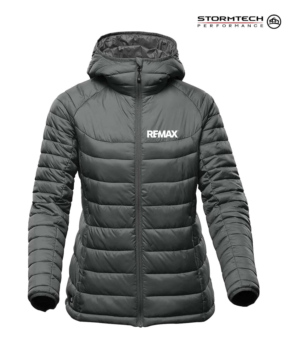 A dark gray quilted hooded puffer jacket with a front zipper, featuring the white REMAX logo on the left chest. The jacket is displayed on a clean white background with a Stormtech Performance logo in the top right corner.