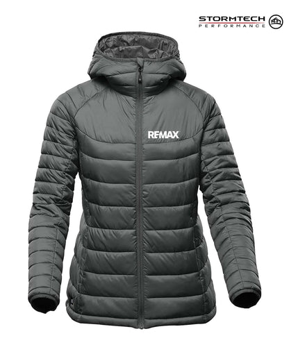 A dark gray quilted hooded puffer jacket with a front zipper, featuring the white REMAX logo on the left chest. The jacket is displayed on a clean white background with a Stormtech Performance logo in the top right corner.