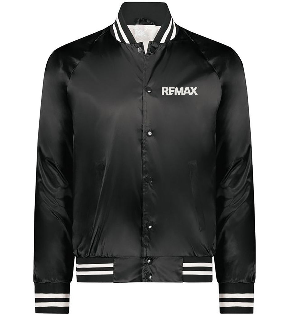 Satin/Striped Trim Baseball Jacket - One Color Logo - Embroidered