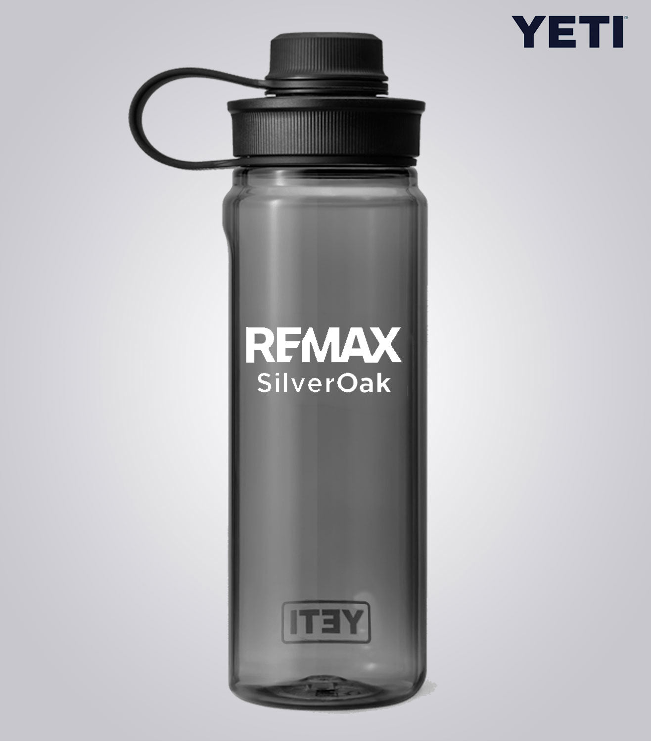 Gray YETI water bottle with REMAX SilverOak branding on a light gray background
