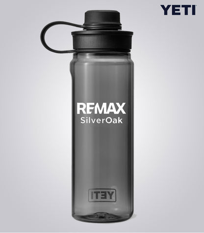 Gray YETI water bottle with REMAX SilverOak branding on a light gray background