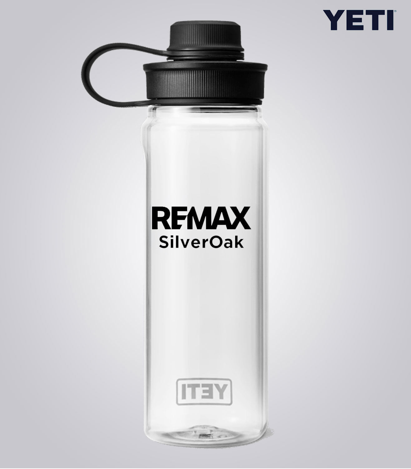 Clear YETI water bottle with REMAX SilverOak branding on a light gray background