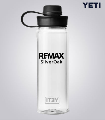 Clear YETI water bottle with REMAX SilverOak branding on a light gray background