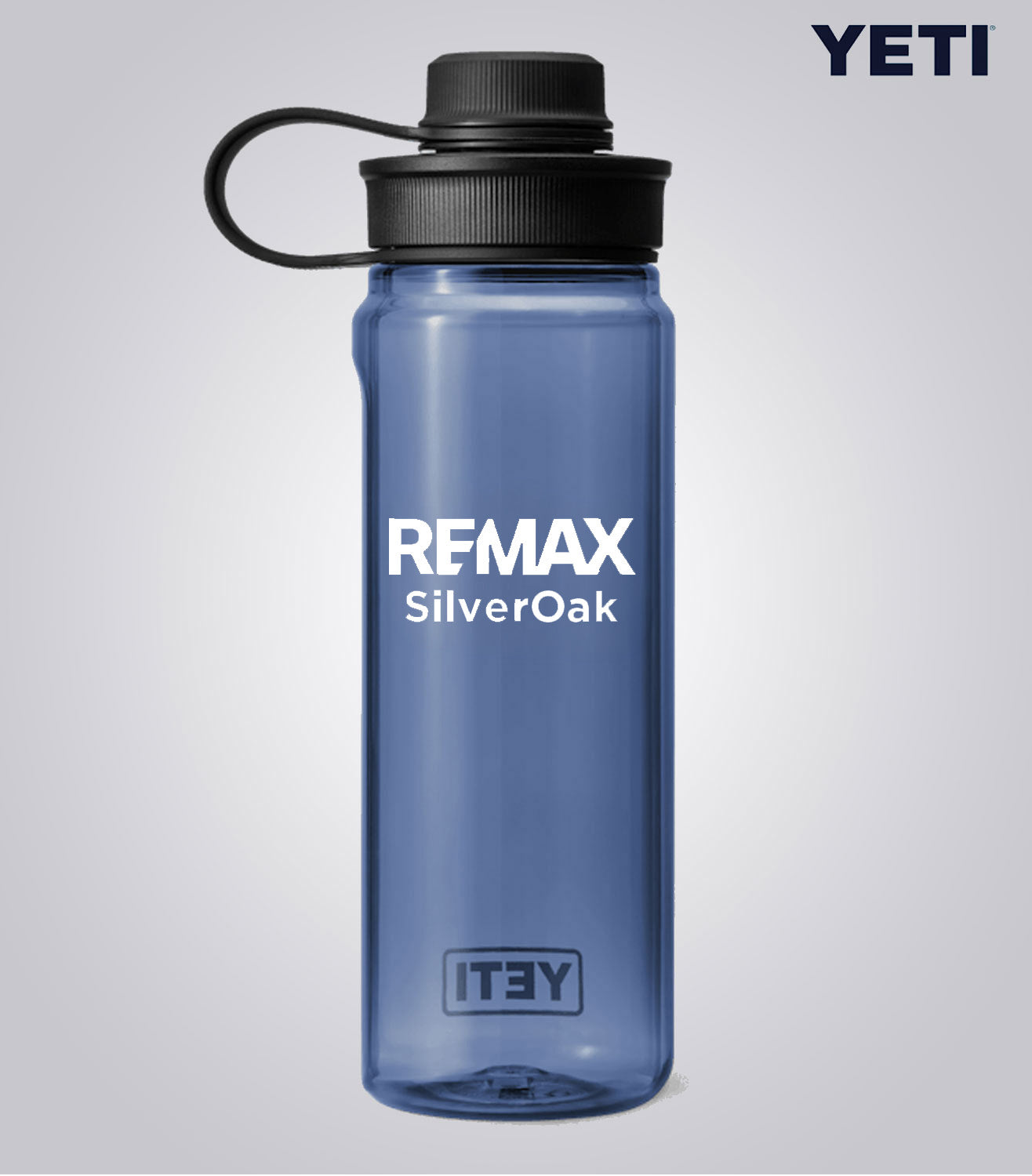 Blue YETI water bottle with REMAX SilverOak branding on a light gray background