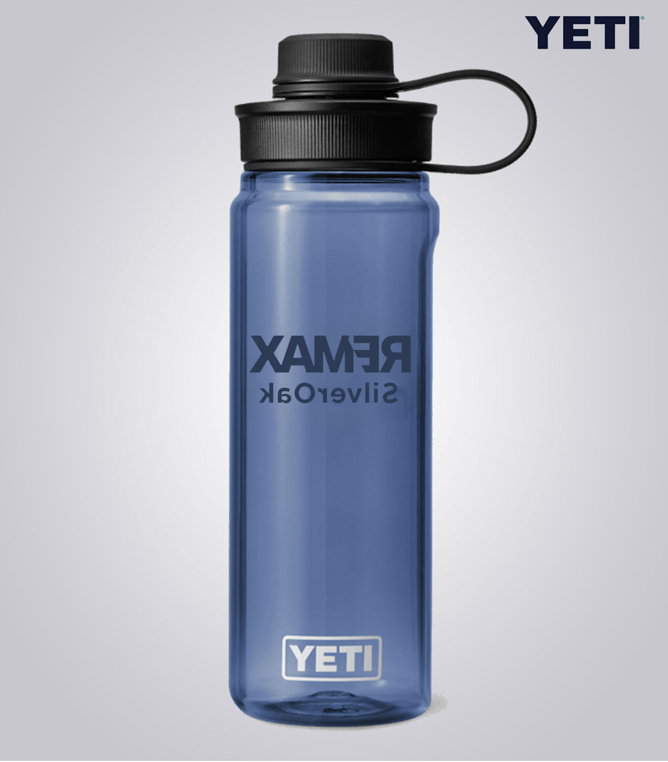 Blue YETI water bottle with Rexam SilverOak branding on a light gray background