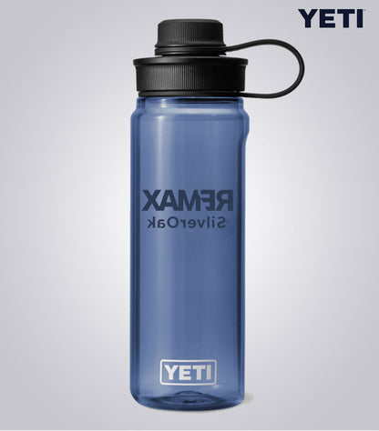 Blue YETI water bottle with Rexam SilverOak branding on a light gray background