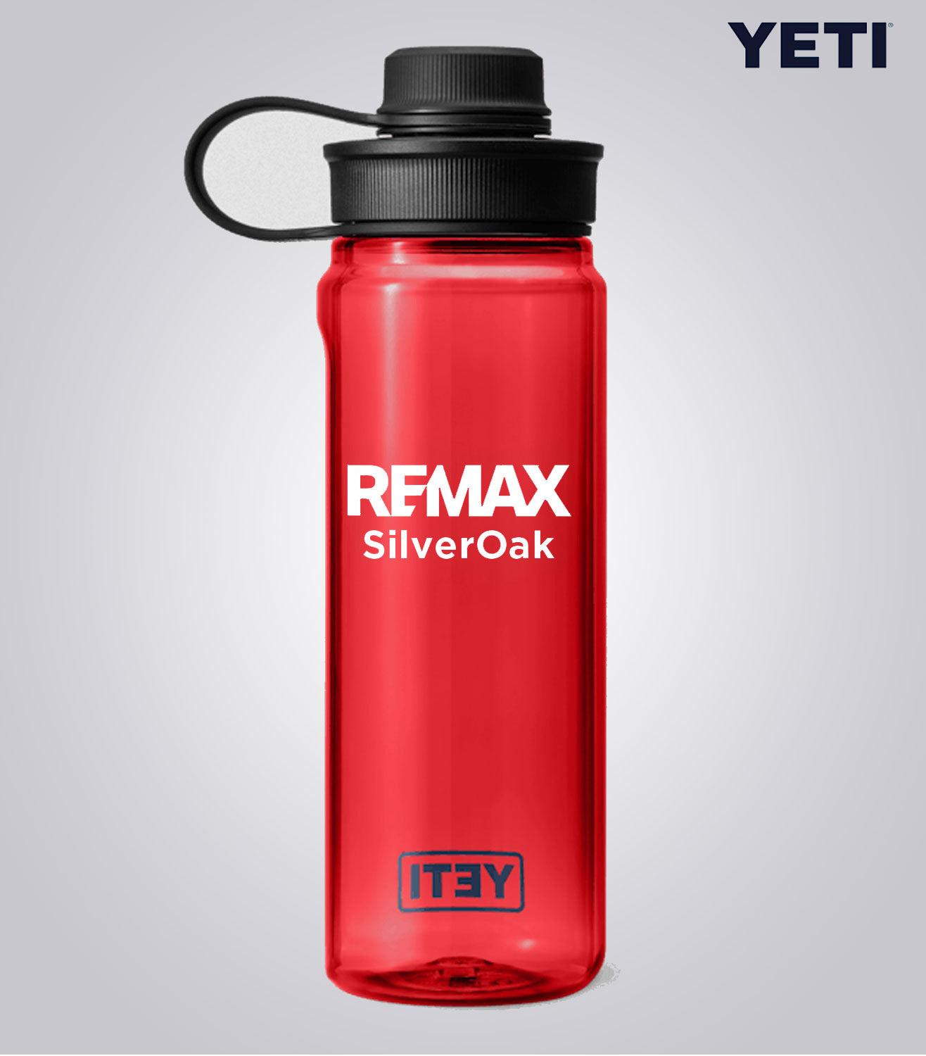 Red YETI water bottle with REMAX SilverOak branding on a gray background
