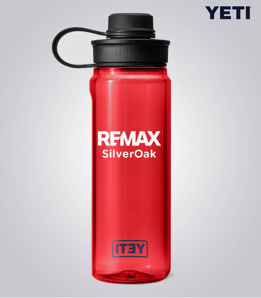 Red YETI water bottle with REMAX SilverOak branding on a gray background