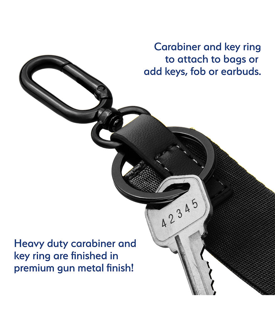 Black carabiner and key ring attached to a black strap with text describing its features.