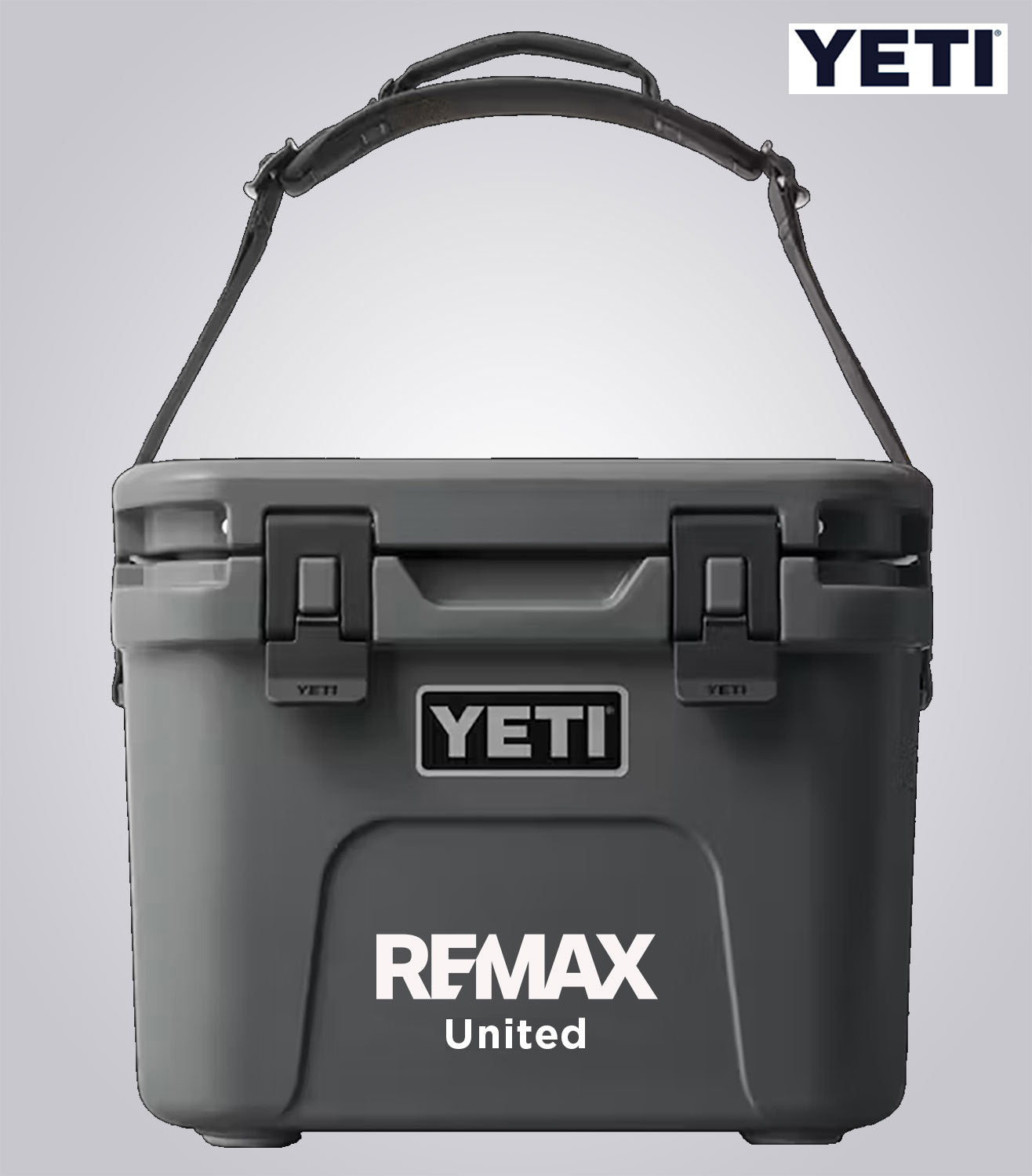 YETI cooler with Remax branding on a gray background